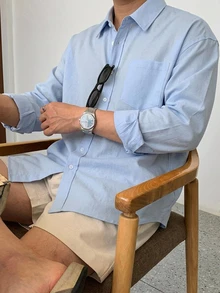 DAZY 男士純色口袋拼接襯衫 秋季 - 淺藍色 - 查看 6