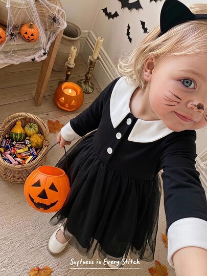 Cozy Pixies Baby Girl Contrast Collar Mesh Hem Dress