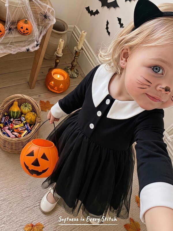 Cozy Pixies Baby Girl Contrast Collar Mesh Hem Dress