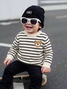 Suéter de bebé niño con patrón de rayas y parche de oso - Blanco y Negro - Ver 6