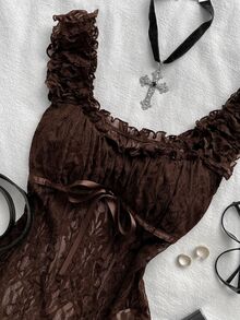 Attitoon Frill Trim Knot Front Lace Top - Brown - View 8