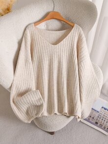 CosyJoli Sweater Rajut Bergaris dengan Bahu Jatuh Ukuran Plus - Aprikot - View 2