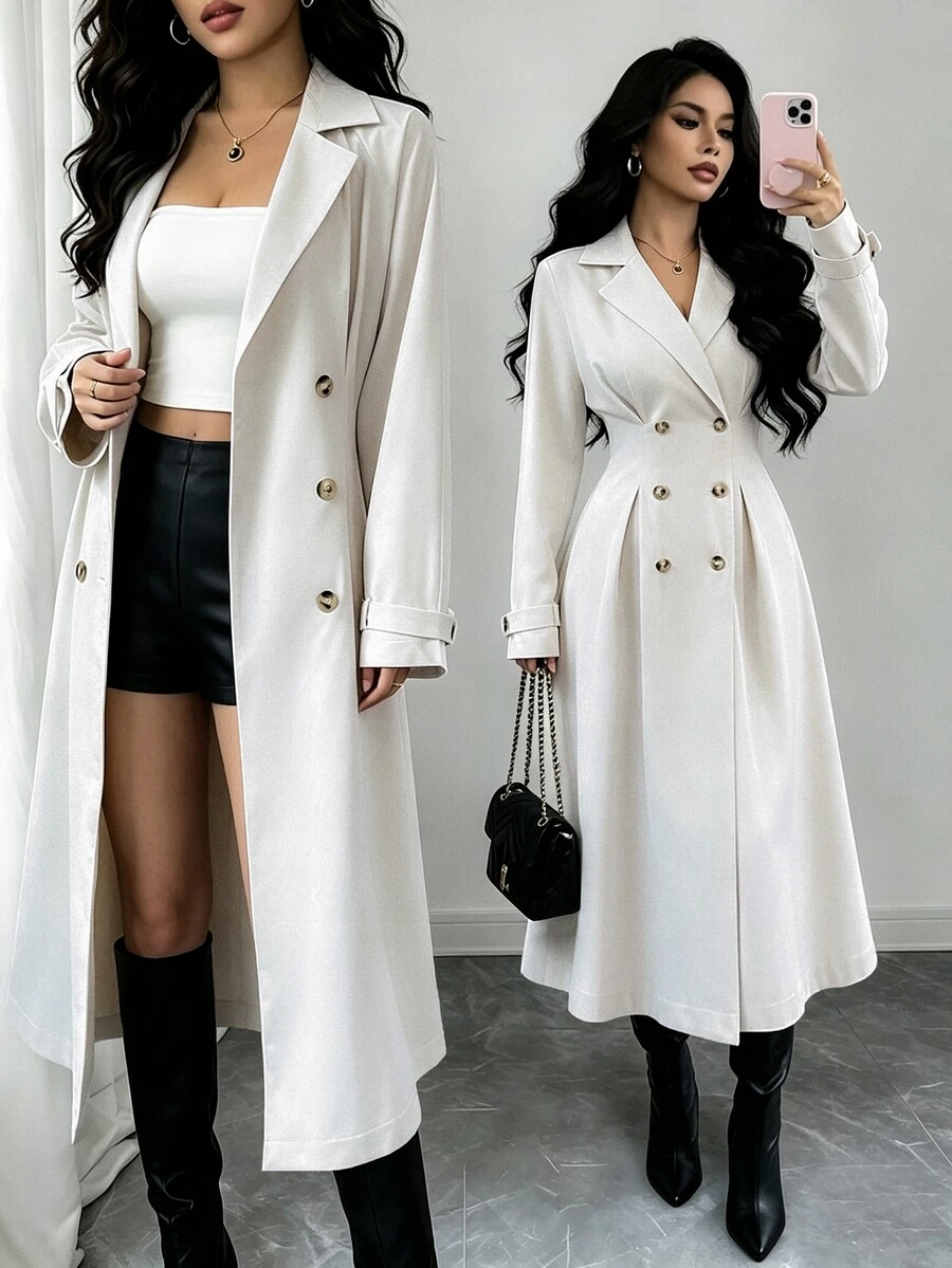 Elenzga Double Breasted Lapel Neck Coat - Grey - View 1
