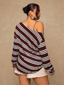 Freevana Plus Striped Print Asymmetrical Neck Tee - Multicolor - View 2