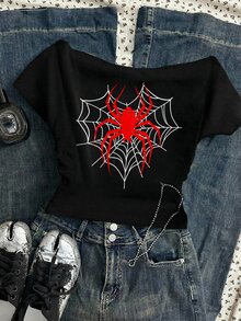Attitoon Plus Heart Web & Spider Print Cold Shoulder Tee - Black - View 3