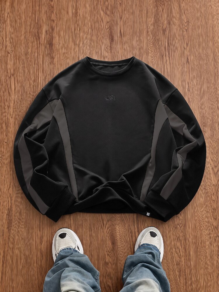 SWAVVY Men's Casual Loose Long Sleeve Crew Neck Sweatshirt, Spring/Autumn, Black & Dark Gray Colorblock Embroidered, Standard Size - Black - View 1