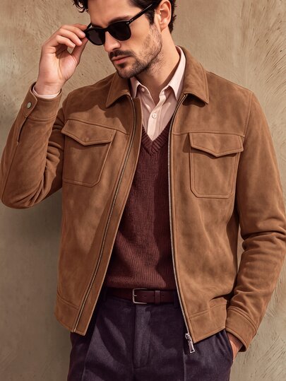 Core Aspect Men's Long-Sleeve Single-Breasted Casual Loose Suede Jacket, Brown Jacket, Men's Short Jacket, Men's Mocha Bomber Jacket