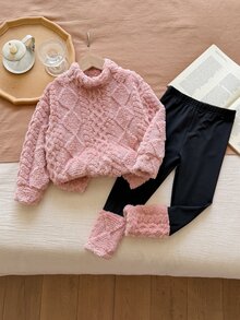 SHEIN 女童純色紋理針織泰迪衛衣與內搭褲套裝 - 粉色 - 查看 4