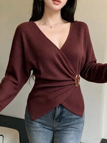 Celisse Solid Batwing Sleeve Wrap Tee - Brown - View 3