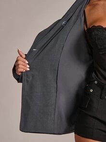 SHEIN BAE 高領雙排扣繫腰風衣 深灰色 秋冬休閒通勤商務外套 - 深灰色 - 查看 8