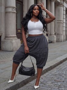 Slaydiva Plus Solid Elastic Waist Harem Pants Fall - Grey - View 11