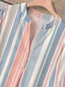 Rusticease Block Striped Roll Tab Sleeve Blouse & Wide Leg Pants - Multicolor - View 5