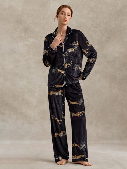EverLounge Crane Print Contrast Piping Satin PJ Set