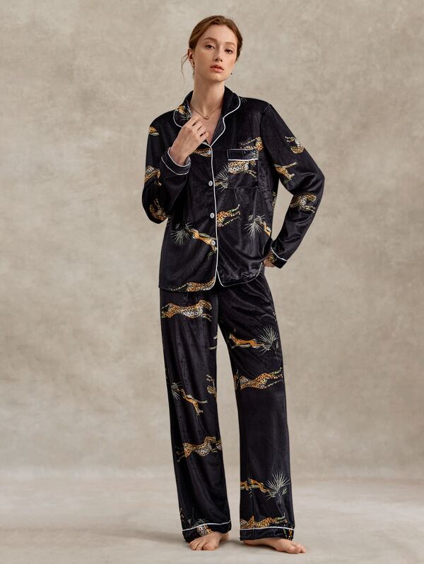 EverLounge Crane Print Contrast Piping Satin PJ Set