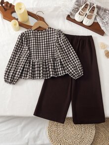 SHEIN Vintaside Kids Girls Little Brown Plaid Bow Top And Coffee Wide Leg Pants 2 Piece Set Top With Plaid Round Neck Long Sleeves Decorated With Three Bows Ruffle Hem And - Brown - View 2