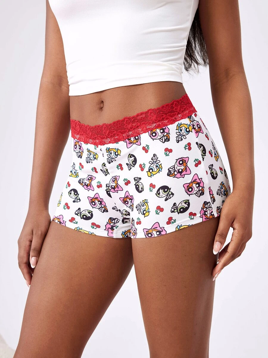 THE POWERPUFF GIRLS X SHEIN Women's Contrast Lace Cartoon Print Boxer Shorts - Red and White - View 1