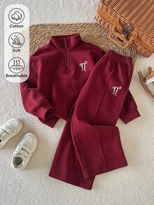 SHEIN Girls' Spring/Fall Outfits  Sporty Bow Embroidered  Long Sleeve Sweatshirt Set, Simple And Comfortable,Fall Outfits Suitable For Sports Casual Wear - Red - View 1