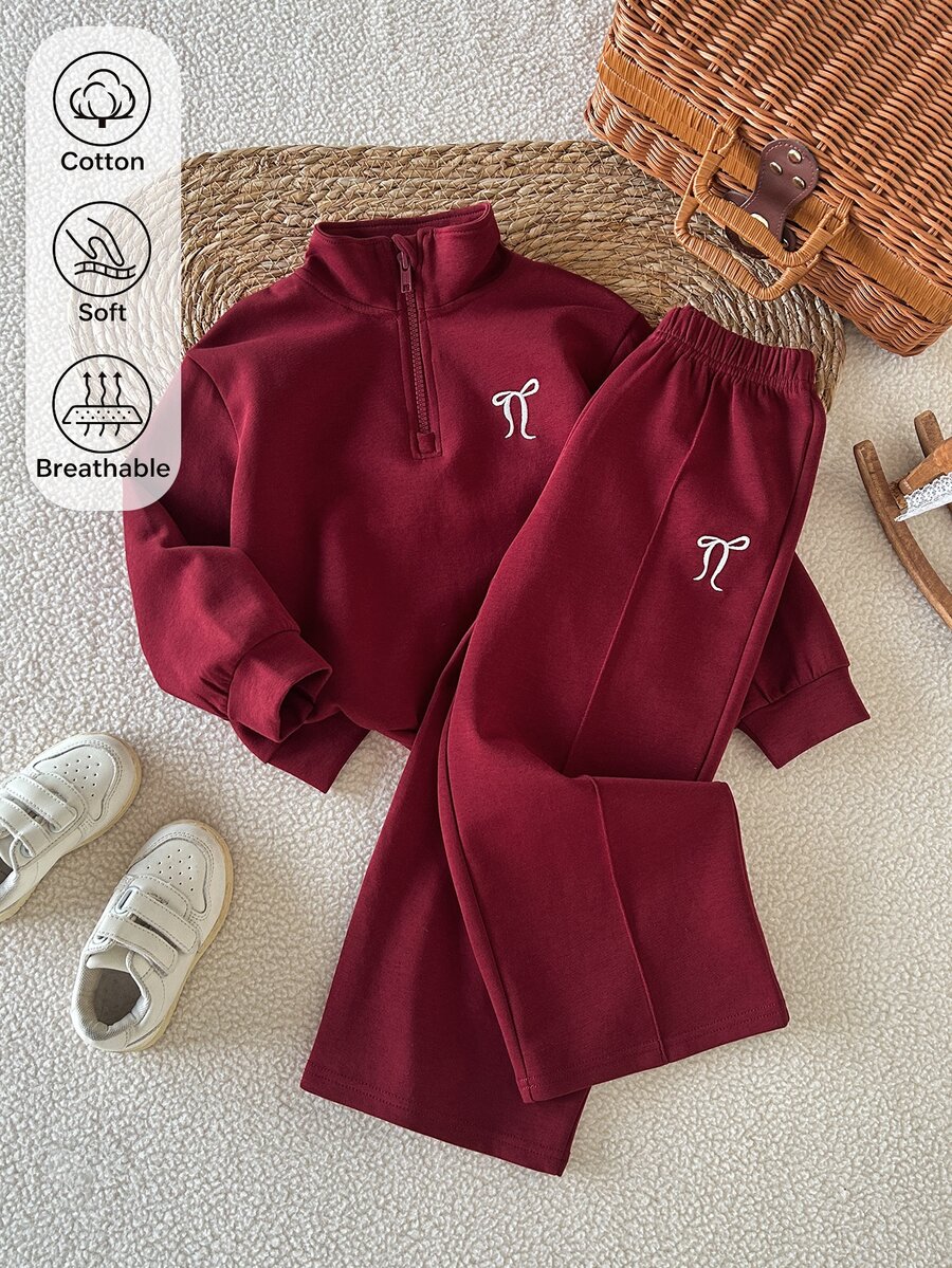 SHEIN Girls' Spring/Fall Outfits Sporty Bow Embroidered Long Sleeve Sweatshirt Set, Simple And Comfortable,Fall Outfits Suitable For Sports Casual Wear - Red - View 1