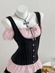 Elamini เสื้อยืด 2 in 1 แต่งสีบล็อก ชายระบาย ติดกระดุมด้านหน้า - สีชมพู - ดู 7