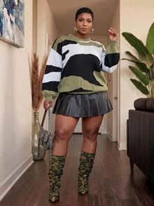 Slaydiva Plus Color Block Drop Shoulder Sweater - Multicolor - View 10