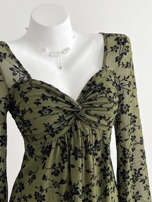 Elamini 花卉印花扭轉前襟荷葉袖上衣 - 軍綠色 - 查看 5