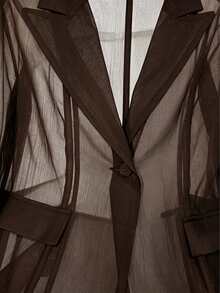 GlowEve Solid Single Button Lapel Collar Flap Detail Sheer Lightweight Blazer - Coffee Brown - View 3
