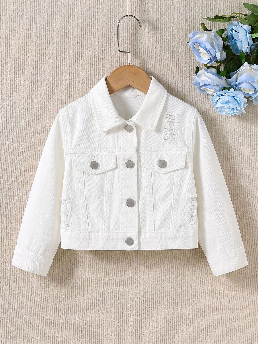 SHEIN Elladie kids 女童破洞翻蓋口袋牛仔夾克 - 白色 - 查看 1