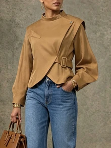 SHEIN Lunessa Jaket Model Kerah Tinggi dengan Detail Gesper dan Hem Berbentuk Lilitan - Unta - View 3