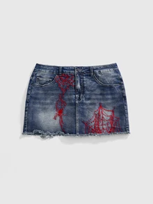 ROMWE Grunge Punk 大尺碼刺繡蜘蛛網圖案原邊牛仔裙 - 藍色 - 查看 1