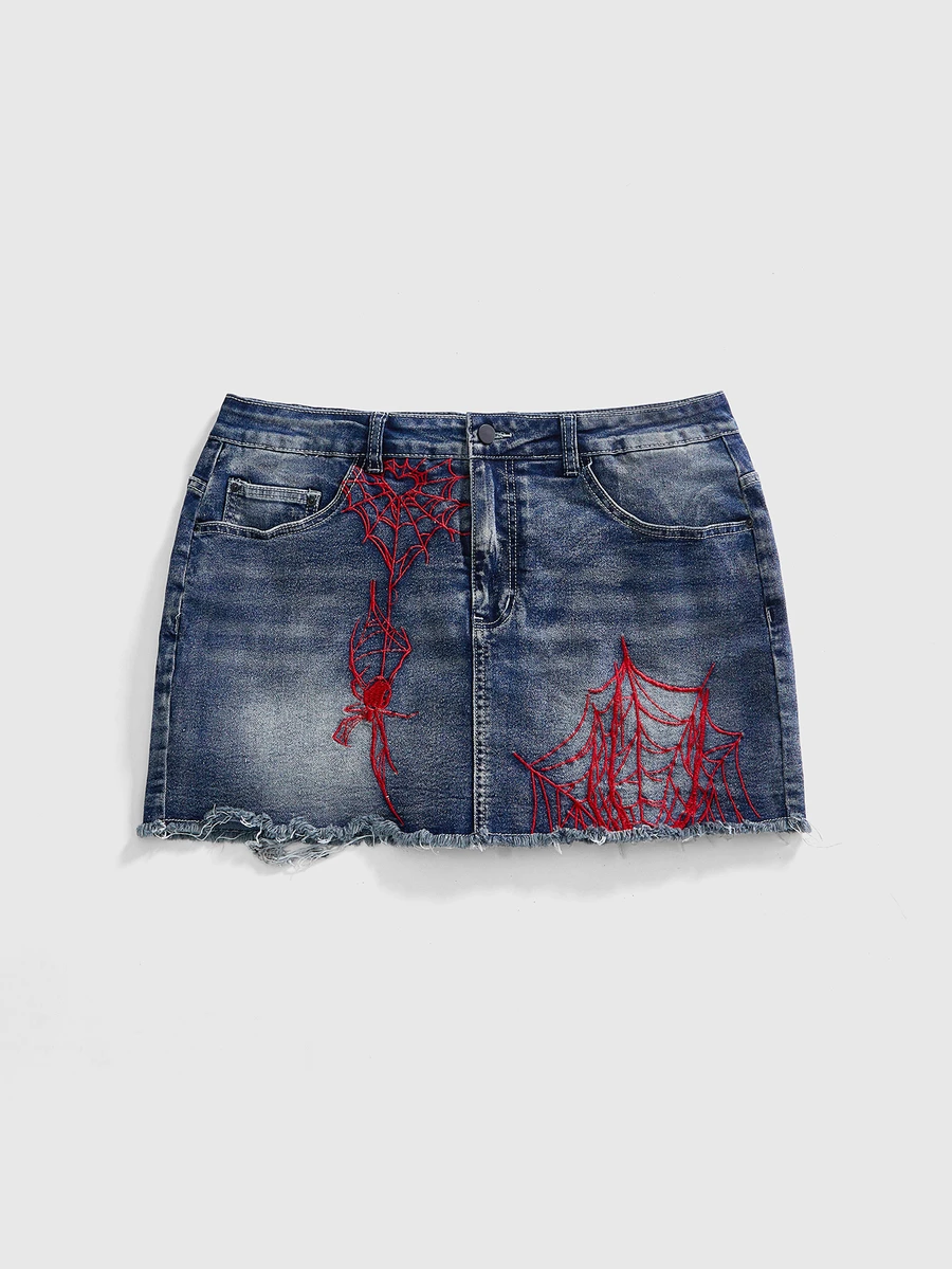 ROMWE Grunge Punk 大尺碼刺繡蜘蛛網圖案原邊牛仔裙 - 藍色 - 查看 1