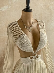 Soleia Women's Hollow Out Sexy Tassel Hem Long Sleeve Sweater Dress - Apricot - View 7