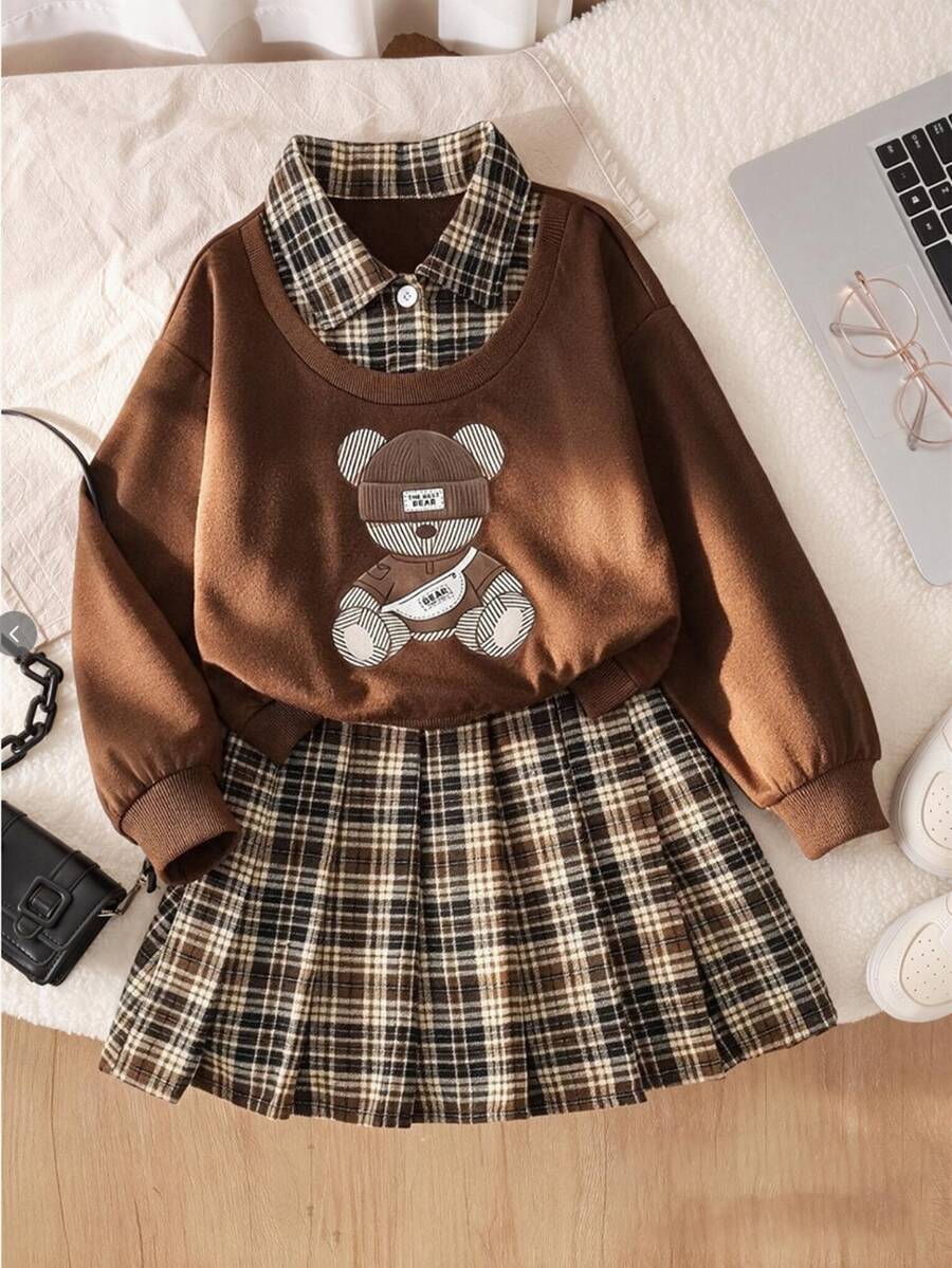 SHEIN Sparklyn 青少年女孩秋季上衣2件套T恤套裝,復古、寬鬆、針織、休閒、秋季、假日穿搭、舒適 - 彩色 - 查看 1