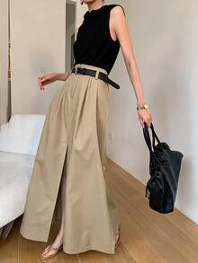 Struktiv Solid Fold Pleated Split Thigh Front Skirt With Belt Brunch Work Khaki Autumn Elegant - Khaki - View 1