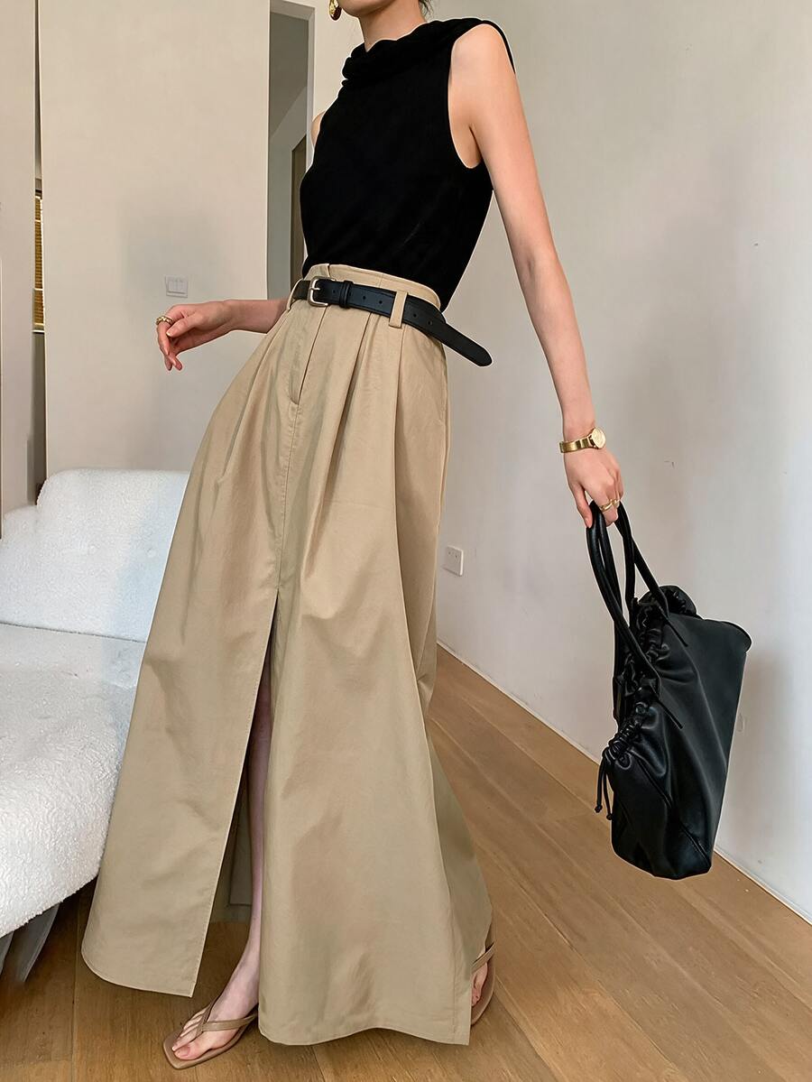 Struktiv Solid Fold Pleated Split Thigh Front Skirt With Belt Brunch Work Khaki Autumn Elegant - Khaki - View 1