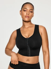 SHAPORA 1pc Plus Size Solid Color Front Button Shaping Top - Black - View 4
