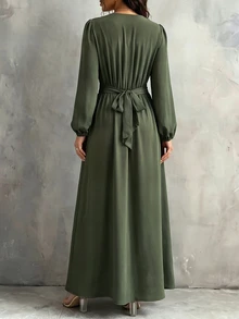 Wandoria Lantern Sleeve Split Thigh Dress - Green - View 2