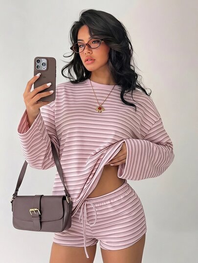 Aloruh Tricou cu imprimeu dungat și umeri lăsați & pantaloni scurți cu talie cu șnur