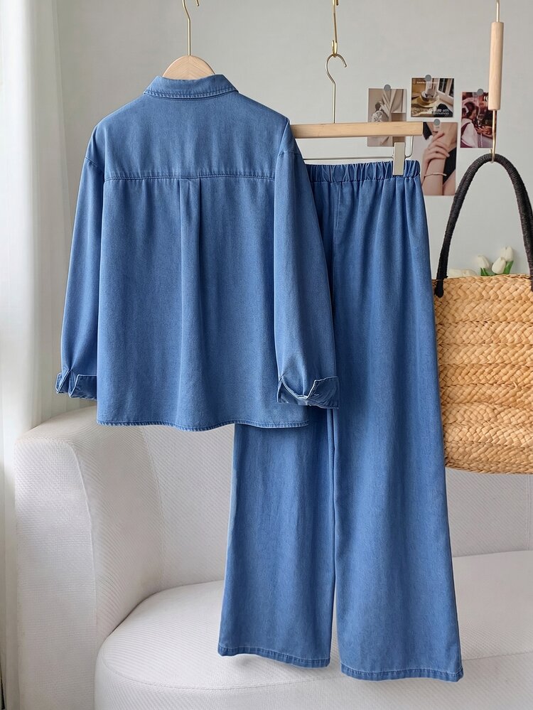 SHEIN EZwear 女款馬術刺繡長袖單排扣襯衫與牛仔褲套裝 - 中等水洗藍 - 查看 2