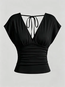 Olithes Summer Dark Brown V-Neck Backless Tie Waist Ruched Short Sleeve Elegant Cropped Plus Size Women's Top - Black - View 1