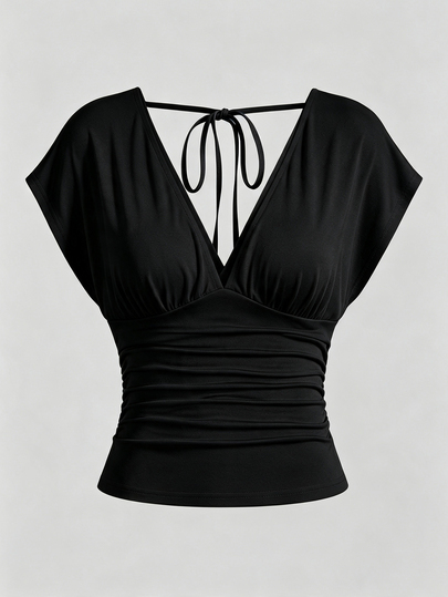 Olithes Summer Dark Brown V-Neck Backless Tie Waist Ruched Short Sleeve Elegant Cropped Plus Size Women's Top