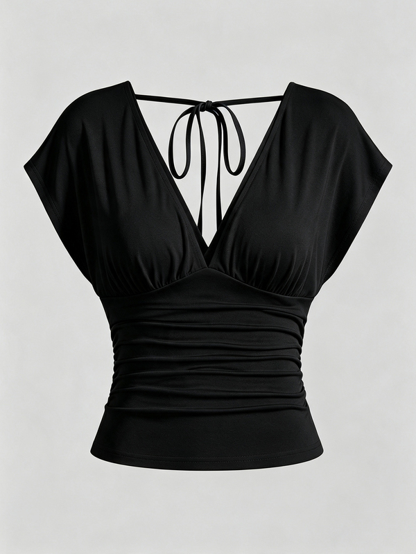 Olithes Summer Dark Brown V-Neck Backless Tie Waist Ruched Short Sleeve Elegant Cropped Plus Size Women's Top