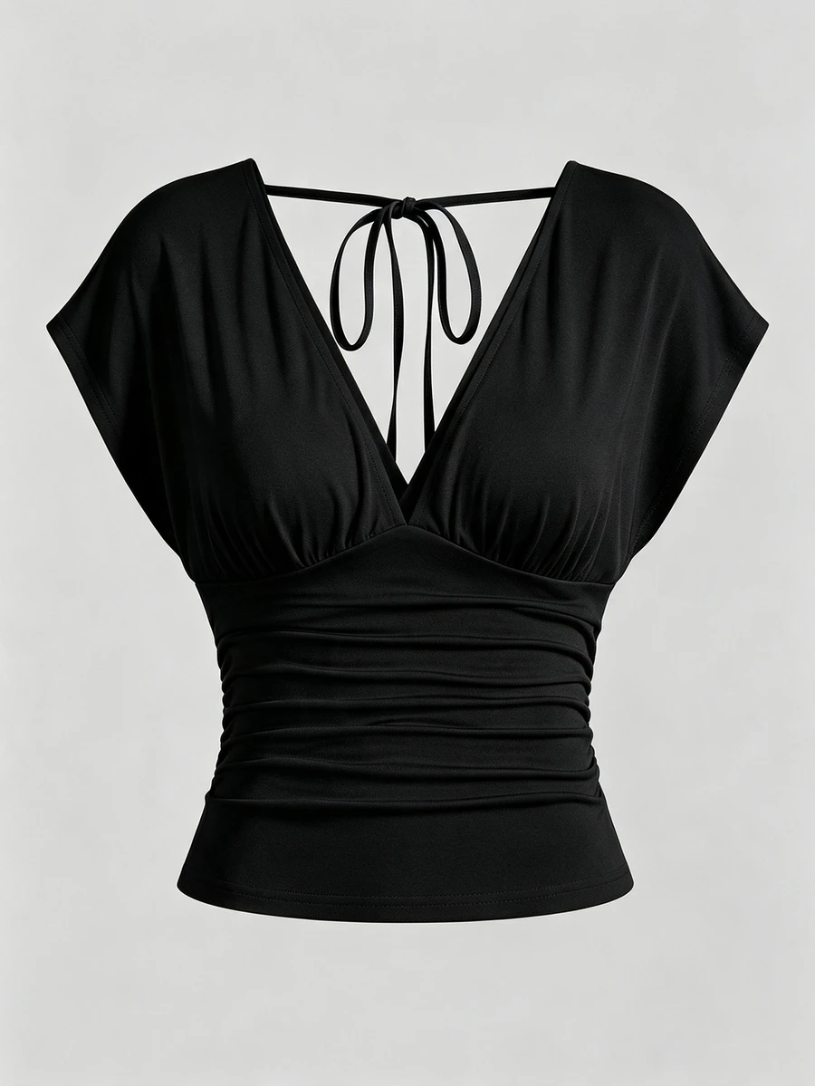 Olithes Summer Dark Brown V-Neck Backless Tie Waist Ruched Short Sleeve Elegant Cropped Plus Size Women's Top - Black - View 1