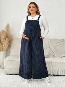 Plussiva 大尺碼紋理格紋寬鬆孕婦連身褲 - 藍色 - 查看 7