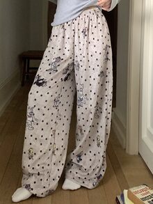 TOM AND JERRY X DAZY Polka Dot And Cartoon Graphic Fuzzy Sleep Pants - Khaki - View 6