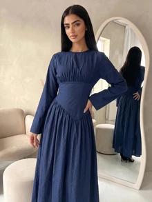 Veilorie Solid Ruched Bust Flowy Hem Arabian Dress - Blue - View 6