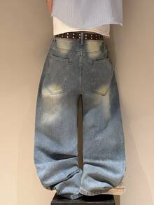 STEELVANCE Men Letter Graphic Ripped Wide Leg Jeans Without Belt - Blue - View 2