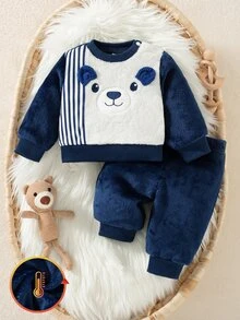 SHEIN 2pcs Newborn Baby Sweatshirt Pants Cute Navy White Bear Face Striped Fuzzy Patchwork Long Sleeve Round Neck Thick Outdoor Fall Jogging Cozy Two-Piece - Navy Blue - View 1