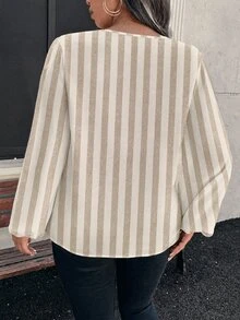 EMERY ROSE Plus Striped Print Notched Neckline Lantern Sleeve Blouse - Multicolor - View 2
