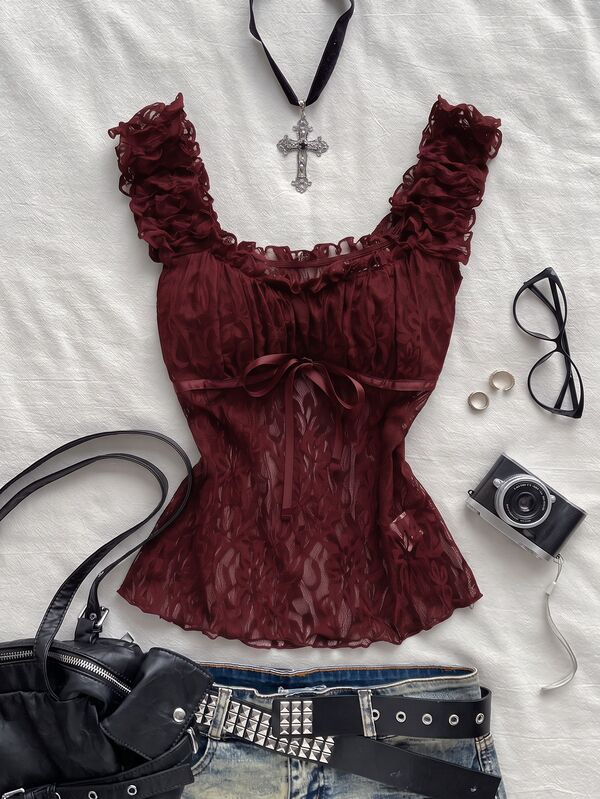 Attitoon Frill Trim Knot Front Lace Top