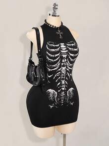 SHEIN ICON Vestido ajustado con estampado de esqueleto - Negro - Ver 5